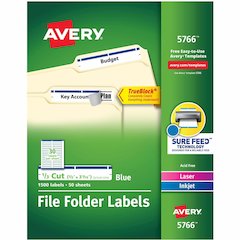 Avery&reg; TrueBlock File Folder Labels - 2/3" Width x 3 7/16" Length - Permanent Adhesive - Rectangle - Inkjet, Laser - Matte - Blue - Paper - 30 / Sheet - 50 Total Sheets - 1500 Total Label(s) - 150