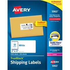 Avery&reg; Shipping Labels, Sure Feed&reg;, 2" x 4" , 2,500 Labels (5963) - 2" Width x 4" Length - Permanent Adhesive - Rectangle - Laser, Inkjet - White - Paper - 10 / Sheet - 250 Total Sheets - 2500
