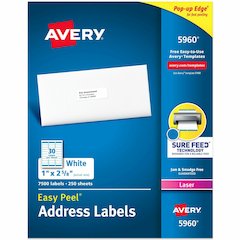 Avery&reg; Easy Peel Address Labels - 1" Width x 2 5/8" Length - Permanent Adhesive - Rectangle - Laser - Matte - White - Paper - 30 / Sheet - 250 Total Sheets - 7500 Total Label(s) - 7500 / Box