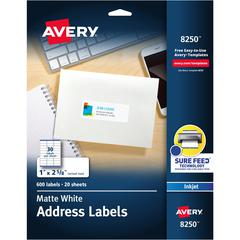 Avery&reg; Color Printing Labels - 1" Width x 2 5/8" Length - Permanent Adhesive - Rectangle - Inkjet - White - Paper - 30 / Sheet - 20 Total Sheets - 600 Total Label(s) - 600 / Pack - Permanent Adhes