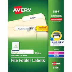 Avery&reg; File Folder Labels, 2/3" x 3-7/16" , 1,500 White Labels (5366) - x 2/3" Width x 3 7/16" Length - Permanent Adhesive - Rectangle - Laser, Inkjet - Matte - White - Paper - 30 / Sheet - 50 Tot