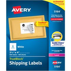Avery&reg; Shipping Labels, Sure Feed, 3-1/3" x 4" , 600 White Labels (5164) - 3 21/64" Width x 4" Length - Permanent Adhesive - Rectangle - Laser - White - Paper - 6 / Sheet - 100 Total Sheets - 600 