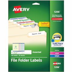 Avery&reg; File Folder Labels, 2/3" x 3-7/16" , Assorted Colors (5266) - x 2/3" Width x 3 7/16" Length - Permanent Adhesive - Rectangle - Laser, Inkjet - Matte - Yellow, Green, Red, White - Paper - 30