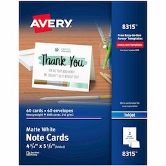 Avery&reg; Note Cards & Envelopes, 4.25" x 5.5" , Matte, 60ct (8315) - 97 Brightness - 5 1/2" x 4 1/4" - 80 lb Basis Weight - 216 g/m² Grammage - Matte - Heavyweight, Smooth Edge, Double-sided, P