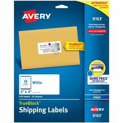 Avery&reg; Shipping Labels, Sure Feed&reg;, 2" x 4" , 250 Labels (8163) - 2" Width x 4" Length - Permanent Adhesive - Rectangle - Inkjet - Matte - White - Paper - 10 / Sheet - 25 Total Sheets - 250 To