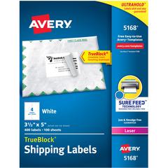 Avery&reg; Shipping Labels, Sure Feed, 3-1/2" x 5" , 400 Labels (5168) - 3 1/2" Width x 5" Length - Permanent Adhesive - Rectangle - Laser - Matte - White - Paper - 4 / Sheet - 100 Total Sheets - 400 