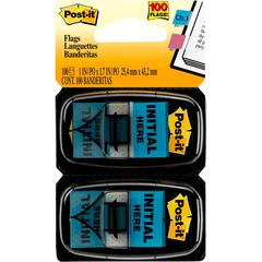 Post-it&reg; Message Flags - 100 - 1" x 1 3/4" - Arrow, Rectangle - Unruled - "Initial Here" - Blue - Removable, Self-adhesive - 1 / Pack