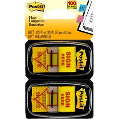 Post-it&reg; Message Flags - 100 x Yellow - 1" Flag/Note Width x 1 3/4" Flag/Note Length - Arrow, Rectangle - Unruled - SIGN HERE - Yellow - Removable, Self-adhesive - Dispenser Included - 100 / Pack