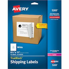 Avery&reg; Shipping Labels - TrueBlock - 8 1/2" Width x 11" Length - Permanent Adhesive - Rectangle - Laser, Inkjet - White - 1 / Sheet - 1 Pack