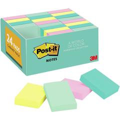 Post-it&reg; Notes Value Pack - Beachside Caf&eacute; Color Collection - 2400 - 1 1/2" x 2" - Rectangle - Unruled - Fresh Mint, Aqua Splash, Sunnyside, Papaya Fizz - Paper - Self-adhesive, Repositiona