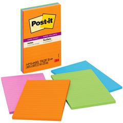 Post-it&reg; Super Sticky Notes - Energy Boost Color Collection - 180 - 4" x 6" - Rectangle - 45 Sheets per Pad - Ruled - Vital Orange, Tropical Pink, Blue Paradise, Limeade - Paper - Self-adhesive, R