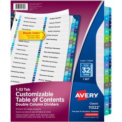 Avery&reg; Two-Column Table Contents Dividers w/Tabs - 32 x Divider(s) - 1-32 - 32 Tab(s)/Set - 8.5" Divider Width x 11" Divider Length - 3 Hole Punched - White Paper Divider - Multicolor Paper Tab(s)