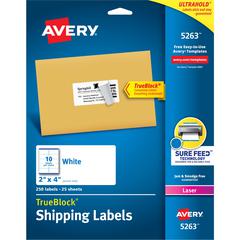 Avery&reg; Shipping Labels, Sure Feed&reg;, 2" x 4" , 250 Labels (5263) - 2" Width x 4" Length - Permanent Adhesive - Rectangle - Laser - Matte - White - Paper - 10 / Sheet - 25 Total Sheets - 250 Tot