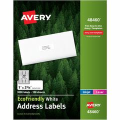 Avery&reg; Eco-Friendly Address Labels for Laser and Inkjet Printers, 1" x 2?" - 1" Width x 2 5/8" Length - Permanent Adhesive - Rectangle - Laser, Inkjet - White - Paper - 30 / Sheet - 100 Total Shee