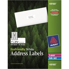 Avery&reg; Eco-Friendly Address Labels for Laser and Inkjet Printers, 1" x 2?" - 1" Width x 2 5/8" Length - Permanent Adhesive - Rectangle - Laser, Inkjet - White - Paper - 30 / Sheet - 25 Total Sheet