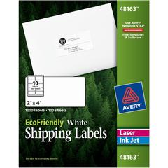 Avery&reg; EcoFriendly Shipping Label - 2" Width x 4" Length - Permanent Adhesive - Rectangle - Laser, Inkjet - White - Paper - 10 / Sheet - 100 Total Sheets - 1000 Total Label(s) - 1000 / Box - Recyc