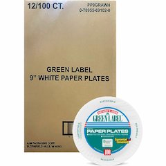 Green Label 9" Green Label Economy Paper Plates - Microwave Safe - 9" Diameter - White - Paper Body - 100/Bag - 12 / Carton