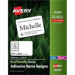 Avery&reg; Eco-friendly Premium Name Badge Labels - 2 21/64" Width x 3 3/8" Length - Removable Adhesive - Rectangle - Laser, Inkjet - White - Paper - 8 / Sheet - 50 Total Sheets - 400 Total Label(s) -