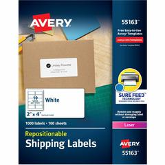 Avery&reg; Repositionable Labels, Sure Feed, 2" x 4" , 1,000 Labels (55163) - 2" Width x 4" Length - Rectangle - Laser - White - Paper - 10 / Sheet - 100 Total Sheets - 1000 Total Label(s) - 5 - Repos