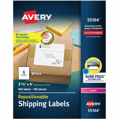Avery&reg; Repositionable Labels, Sure Feed, 3-1/3"x4" , 600 Labels (55164) - 3 21/64" Width x 4" Length - Rectangle - Laser - White - Paper - 6 / Sheet - 100 Total Sheets - 600 Total Label(s) - 5 - R