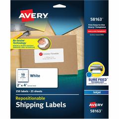 Avery&reg; Repositionable Labels, Sure Feed, 2" x 4" , 250 Labels (58163) - 2" Width x 4" Length - Rectangle - Inkjet - White - Paper - 10 / Sheet - 25 Total Sheets - 250 Total Label(s) - 5 - Repositi