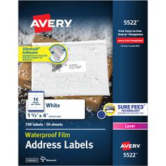 Avery&reg; 1-1/3" x 4" Labels, Ultrahold, 700 Labels (5522) - Waterproof - x 1 21/64" Width x 4" Length - Permanent Adhesive - Rectangle - Laser - Matte - White - Film - 14 / Sheet - 50 Total Sheets -