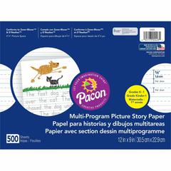 Pacon Multi-program Ruled Picture Story Paper - 500 Sheets - 0.63" Ruled - 4.25" Picture Story Space - 16 lb Basis Weight - 12" x 9" - White Paper - 500 / Ream