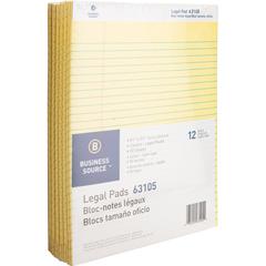 Business Source Micro-Perforated Legal Ruled Pads - 50 Sheets - 0.34" Ruled - 16 lb Basis Weight - 8 1/2" x 11 3/4" Sheet Size - Canary Paper - Micro Perforated, Easy Tear, Sturdy Back - No - 1 Dozen