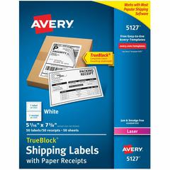 Avery&reg; Shipping Labels with Receipt, 5-1/16" x 7-5/8" , 50 Labels (5127) - 7 5/8" Length - Permanent Adhesive - Rectangle - Laser - White - Paper - 1 / Sheet - 50 Total Sheets - 50 Total Label(s) 