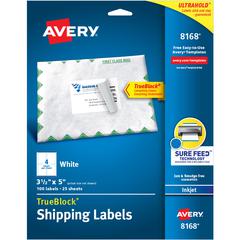 Avery&reg; Shipping Labels, Sure Feed, 3-1/2" x 5" , 100 Labels (8168) - 3 1/2" Width x 5" Length - Permanent Adhesive - Rectangle - Inkjet - White - Paper - 4 / Sheet - 25 Total Sheets - 100 Total La