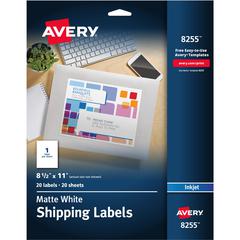 Avery&reg; White Shipping Labels, 8-1/2" x 11" , 20 Labels (8255) - 8 1/2" Width x 11" Length - Permanent Adhesive - Inkjet - White - Paper - 1 / Sheet - 20 Total Sheets - 20 Total Label(s) - 5 - Perm