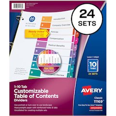 Avery&reg; Ready Index(R) 10 Tab Binder Dividers, Customizable Table of Contents, Multicolor Tabs, 24 Sets (11169) - 240 x Divider(s) - 1-10 - 10 Tab(s)/Set - 8.5" Divider Width x 11" Divider Length -
