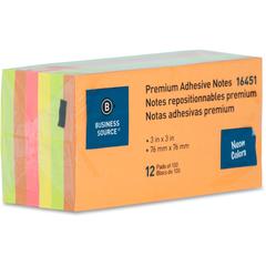 Business Source Repositionable Neon Notes - 3" Flag/Note Width x 3" Flag/Note Length - Square - Neon - Removable, Repositionable, Solvent-free Adhesive - 1 Pack