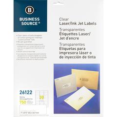 Business Source Mailing Address Labels - 1" Width x 2 3/4" Length - Permanent Adhesive - Rectangle - Laser - Clear - 30 / Sheet - 750 / Pack