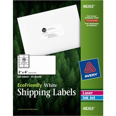 Avery&reg; EcoFriendly Shipping Label - 2" Width x 4" Length - Permanent Adhesive - Rectangle - Laser, Inkjet - White - Paper - 10 / Sheet - 25 Total Sheets - 250 Total Label(s) - 5 - Recyclable, PVC-