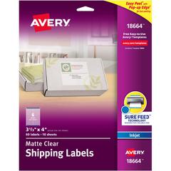 Avery&reg; Clear Shipping Labels, Sure Feed, 3-1/3" x 4" , 60 Labels (18664) - 3 21/64" Width x 4" Length - Permanent Adhesive - Rectangle - Inkjet - Clear - Film - 6 / Sheet - 10 Total Sheets - 60 To