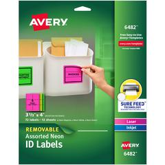 Avery&reg; ID Labels - 3 1/2" Width x 4" Length - Removable Adhesive - Rectangle - Laser, Inkjet - Neon Green, Neon Magenta, Neon Yellow - Paper - 6 / Sheet - 12 Total Sheets - 120 Total Label(s) - 72