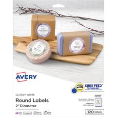 Avery&reg; Glossy White Round Labels2" Diameter - - Width2" Diameter - Permanent Adhesive - Round - Laser, Inkjet - Bright White - Paper - 12 / Sheet - 10 Total Sheets - 120 Total Label(s) - 120 / Pac