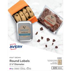 Avery&reg; Kraft Brown Round Labels2½" Diameter - - Width2 1/2" Diameter - Permanent Adhesive - Round - Laser, Inkjet - Kraft Brown - Paper - 9 / Sheet - 25 Total Sheets - 225 Total Label(s)