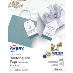 Avery&reg; Printable Tags with String - 2" Length x 3.50" Width - Rectangular - String Fastener - 96 / Pack - Card Stock - White, Matte White