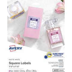 Avery&reg; Matte White Square Labels1½" x 1½" - 1 1/2" Width x 1 1/2" Length - Permanent Adhesive - Square - Laser, Inkjet - Matte White - Paper - 24 / Sheet - 25 Total Sheets - 600 Total Label(s) - 6