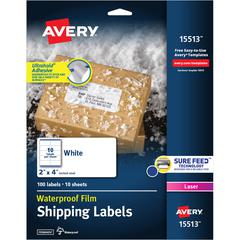 Avery&reg; 2" x 4" Labels, Ultrahold, 100 Labels (15513) - Waterproof - 2" Width x 4" Length - Permanent Adhesive - Rectangle - Laser - Matte - White - Film - 10 / Sheet - 10 Total Sheets - 100 Total 