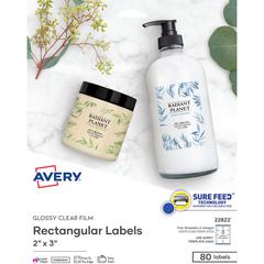 Avery&reg; Glossy Clear Rectangle Labels2" x 3" - 2" Width x 3" Length - Permanent Adhesive - Rectangle - Laser, Inkjet - Crystal Clear - Film - 8 / Sheet - 10 Total Sheets - 80 Total Label(s) - 80 / 