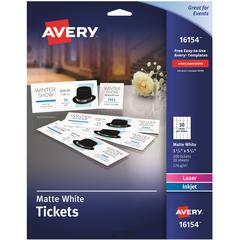 Avery&reg; Event Tickets with Tear-Away Stubs for Laser and Inkjet Printers, 1¾" x 5½" - 1 3/4" Width x 5 1/2" Length - Laser, Inkjet - Matte White - 20 / Sheet - 200 / Pack