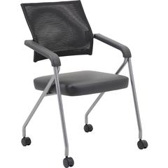 Boss Caressoft Plus Training Chair - Black Vinyl Seat - Black Mesh Back - Pewter Frame - Four-legged Base - Armrest - 2 / Carton