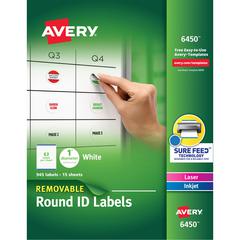Avery&reg; Multiuse Removable Labels - - Width1" Diameter - Removable Adhesive - Round - Laser, Inkjet - White - Paper - 63 / Sheet - 15 Total Sheets - 945 Total Label(s) - 945 / Pack