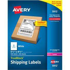 Avery&reg; TrueBlock Shipping Label - 5 1/2" Width x 8 1/2" Length - Permanent Adhesive - Rectangle - Laser - White - Paper - 2 / Sheet - 250 Total Sheets - 500 Total Label(s) - 500 / Pack