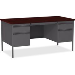 Lorell Fortress Series Double-Pedestal Desk - Rectangle Top - 60" Table Top Width x 30" Table Top Depth x 1.12" Table Top Thickness - 29.50" HeightAssembly Required - Laminated, Mahogany - Steel - 1 E