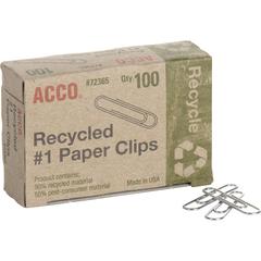 ACCO Recycled Paper Clips - No. 1 - 1.3" Length - 10 Sheet Capacity - Durable, Reusable - 1000 / Pack - Silver - Metal