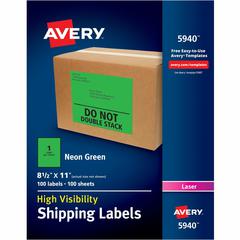 Avery&reg; Neon Shipping Labels, 8-1/2" x 11" , 100 Labels (5940) - 8 1/2" Width x 11" Length - Permanent Adhesive - Rectangle - Laser - Neon Green - Paper - 1 / Sheet - 100 Total Sheets - 100 Total L
